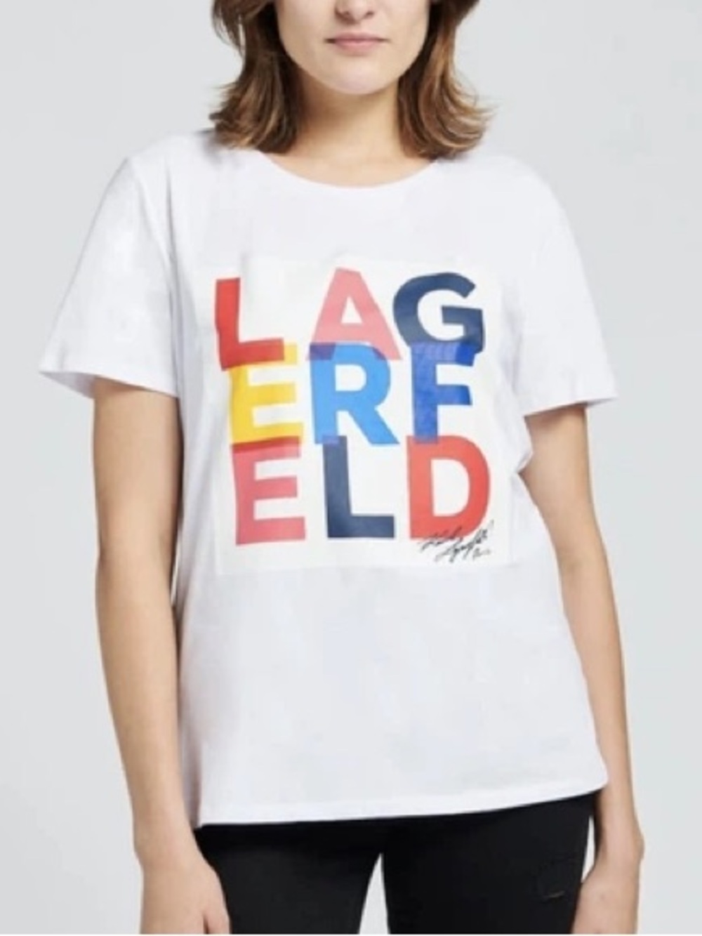 Karl Lagerfeld White Tee with Multicolor Block Logo